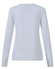 A light blue long-sleeve tee shirt for women with a fitted shape and a logo on the back.