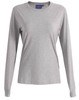 A grey long-sleeve women's premium cotton t-shirt with a crew neck and a logo on the label.