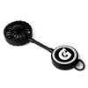 A black rechargeable fan with a round base featuring a logo. It has a compact design for easy portability.