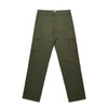 Utility cargo pants in olive green, featuring multiple pockets and a straight leg design. Includes a logo.