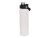 A drink bottle in white with a black screw cap and a carry handle, featuring a logo.