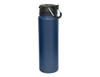 A drink bottle in navy blue with a black lid and a carry handle, featuring a branding logo.