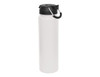 A drink bottle with a sleek white body and a black lid, featuring a carry handle and a logo.
