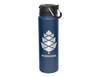 A drink bottle in navy blue with a silver logo and a combo lid, featuring a handle for easy carrying.