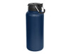 A drink bottle in navy blue with a black lid and carry handle, featuring a logo.