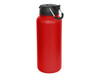 A drink bottle in bright red with a black lid and handle, featuring a sleek, matte finish.