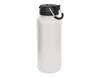 A drink bottle with a white body and a black lid, featuring a carrying handle and a logo.