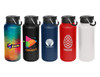 A drink bottle collection featuring colourful designs in black, navy, red, white, and a patterned option, each with a logo.