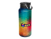 A drink bottle with a multicoloured geometric design and a black lid. It features a side handle and a logo.