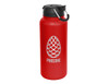 A drink bottle in vibrant red with a black lid and a logo featuring a pinecone design.