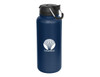 A drink bottle in navy blue with a black lid and a branded logo on the side.