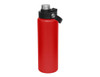 A drink bottle in bright red with a black screw cap and handle, featuring a metal accent.