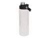 A drink bottle in white with a black screw cap and handle, featuring a metal top and a logo.