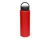 A drink bottle in vibrant red with a black lid and a handle for easy carrying. It features a logo.