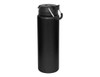 A drink bottle in matte black with a lid and a carrying loop. It features a simple design and has a logo.