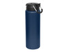 A drink bottle in navy blue with a black lid and carrying handle, featuring a logo on the front.