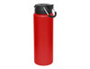 A drink bottle in vibrant red with a black lid and a handle. It features a logo on the side.