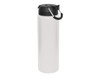 A drink bottle in white with a black lid and handle, featuring a logo on the side.