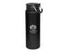 A drink bottle in matte black with a handle and a logo on the front. Suitable for various beverages.