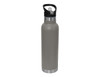 A drink bottle in grey with a black spout and a silver base, featuring a handle and a logo.