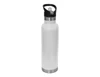 A drink bottle with a sleek white body, stainless steel base, and a black spout lid. It features a logo.