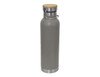 A drink bottle with a grey stainless steel body and a bamboo lid, featuring a metal handle.