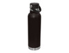 A drink bottle in black with a stainless steel base and carry lid. It features a sturdy handle and a logo.