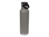 A drink bottle in grey with a black lid and a metal base, featuring a handle and branding.