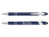 A stylus pen in navy blue with chrome accents and a logo, featuring both a ballpoint and a touch tip.