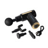 A black massage gun with gold accents, accompanied by multiple attachments and a USB charging cable.