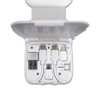 A white charging kit with multiple connectors for USB, Lightning, and micro USB, housed in a compact case.