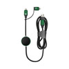 A green and black data cable with multiple connectors and a round charging attachment. It features a logo.