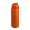 A drink bottle in a vibrant orange colour with a secure twist-top lid and a smooth finish. It features a logo.
