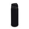 A drink bottle in black with a dark lid. It features a simple design and a branding logo.