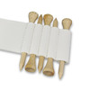 A white golf tee holder contains five bamboo golf tees in varying shapes.