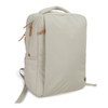 A beige backpack with a zippered pocket, shoulder straps, and a top handle, featuring a logo.