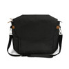 A black messenger bag with a flap, featuring brown accents and adjustable strap. Includes side pockets and branding.