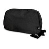 A black toiletry bag with a logo, featuring a sleek, minimalist design and a zip closure.