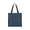 A cooler bag in dark blue with black accents and handles, featuring a zippered closure and a front pocket.