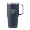 A drink bottle with a navy exterior, stainless steel lid, and a handle, featuring a logo.