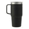A drink bottle in matte black with a stainless steel lid and a sturdy handle. It includes a logo.