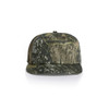 A camouflage cap featuring shades of green, brown, and black with a structured design and a logo on the front.