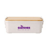A lunch box in white with a bamboo lid and a logo. Features a dual-compartment design.