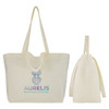 A spacious cream canvas bag with tote handles and a logo design on the front, shown from two angles.