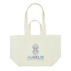 A light cream canvas bag with a colourful logo in the centre and two sturdy handles.