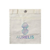 A cream canvas bag featuring a decorative logo in pastel colours on the front.