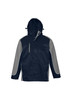 A unisex jacket in navy blue and grey with a hood and a logo present on the front.