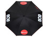 A black umbrella with a design featuring logos, shown from an overhead view.