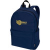 A navy blue laptop backpack with a logo, featuring a front zip pocket and adjustable straps.