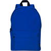 A blue laptop backpack with a front pocket and a logo, featuring adjustable shoulder straps and a top handle.